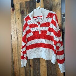 a new day Red and White Striped Cowl Sweater